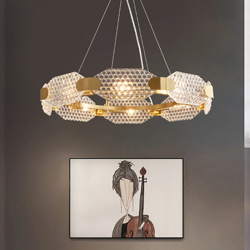Lustre circulaire en cristal à prisme, Style Simple, 6 lumières, Kit de lampes suspendues pour chambre à coucher, en or av...