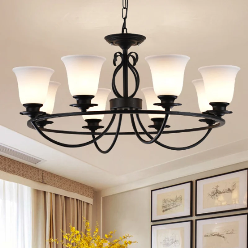 Lustre cloche en verre dépoli, éclairage traditionnel à 3/6/8 lumières, éclairage suspendu pour salon, noir Clearhalo