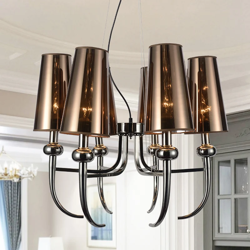 Lustre à cône profond à 6 ampoules, pendentif suspendu rustique en fer noir avec décor en corne Clearhalo