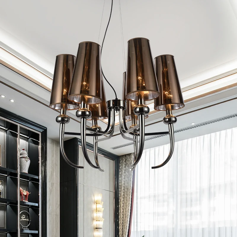 Lustre à cône profond à 6 ampoules, pendentif suspendu rustique en fer noir avec décor en corne Clearhalo
