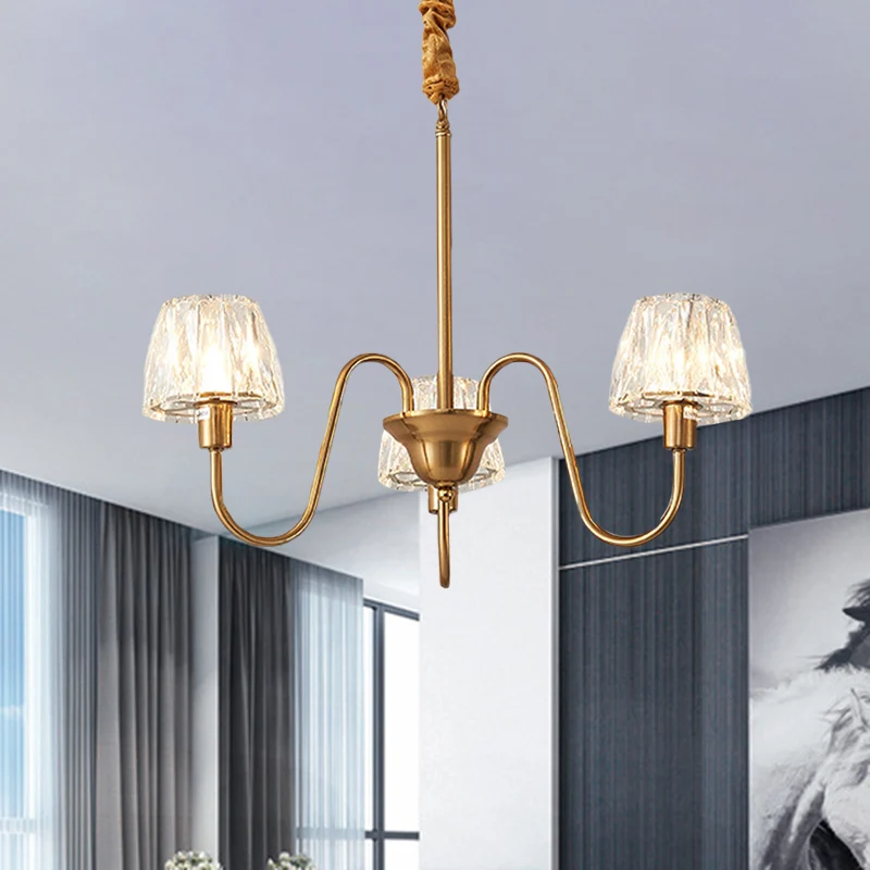 Lustre conique à 3/6 ampoules, éclairage contemporain, finition dorée, lampe à pendule en cristal à facettes avec bras en...