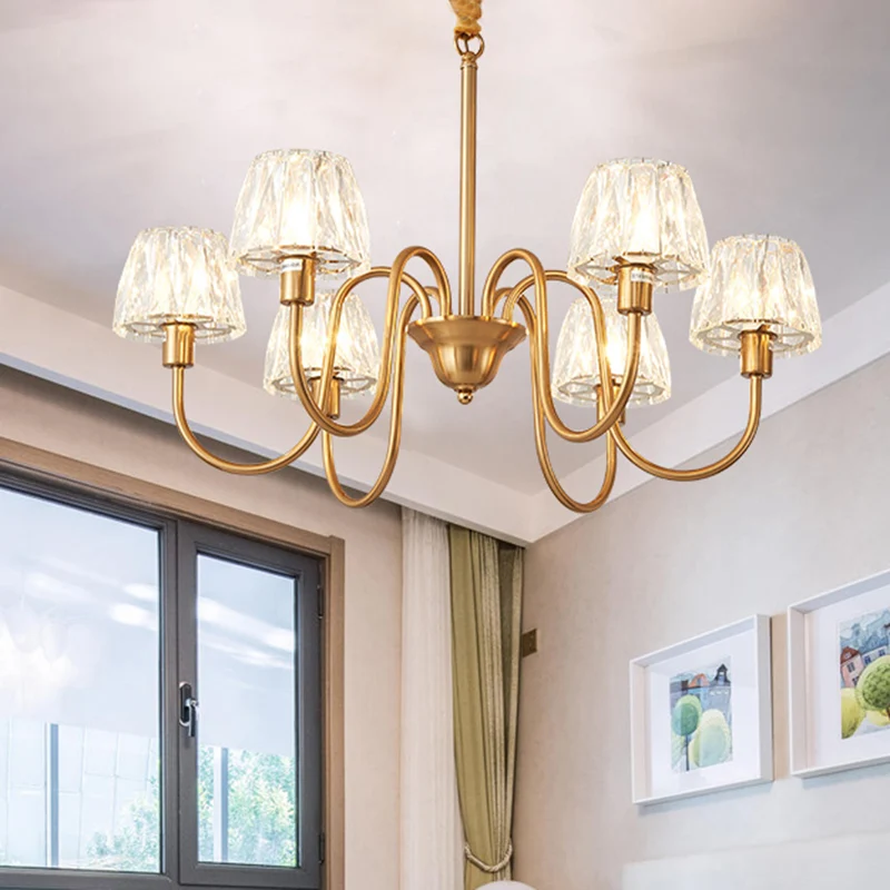 Lustre conique à 3/6 ampoules, éclairage contemporain, finition dorée, lampe à pendule en cristal à facettes avec bras en...
