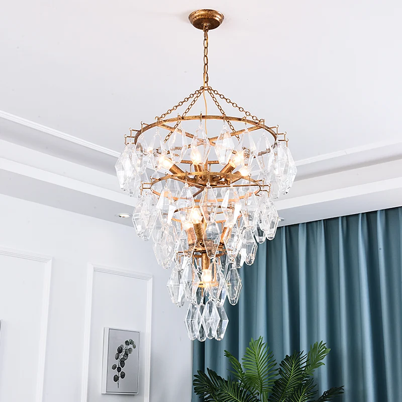 Lustre conique doré en cristal rustique, 10 lumières, Suspension pour salon Clearhalo