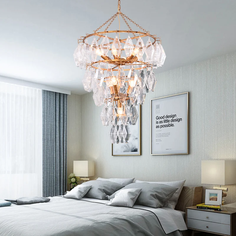 Lustre conique doré en cristal rustique, 10 lumières, Suspension pour salon Clearhalo