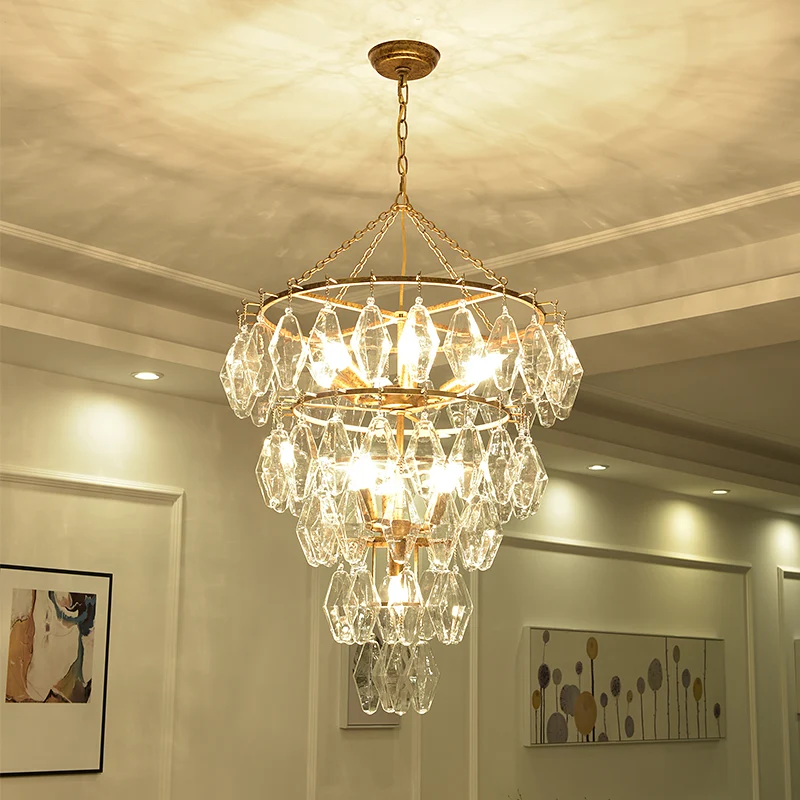 Lustre conique doré en cristal rustique, 10 lumières, Suspension pour salon Clearhalo