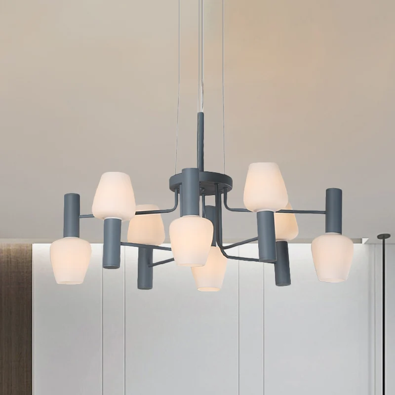 Lustre conique gris/rose/jaune, lampe suspendue moderniste à 8 têtes en verre dépoli pour salon Clearhalo