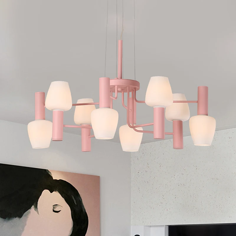 Lustre conique gris/rose/jaune, lampe suspendue moderniste à 8 têtes en verre dépoli pour salon Clearhalo