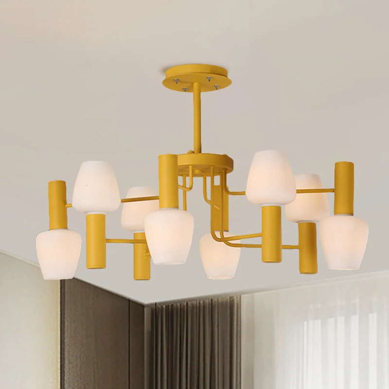Lustre conique gris/rose/jaune, lampe suspendue moderniste à 8 têtes en verre dépoli pour salon Clearhalo