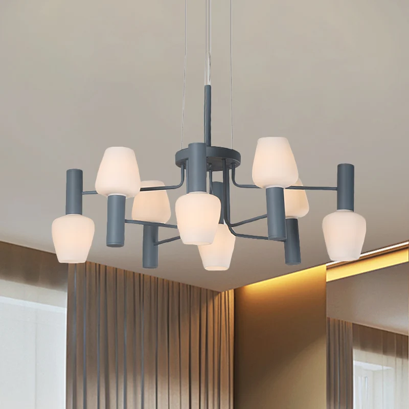 Lustre conique gris/rose/jaune, lampe suspendue moderniste à 8 têtes en verre dépoli pour salon Clearhalo