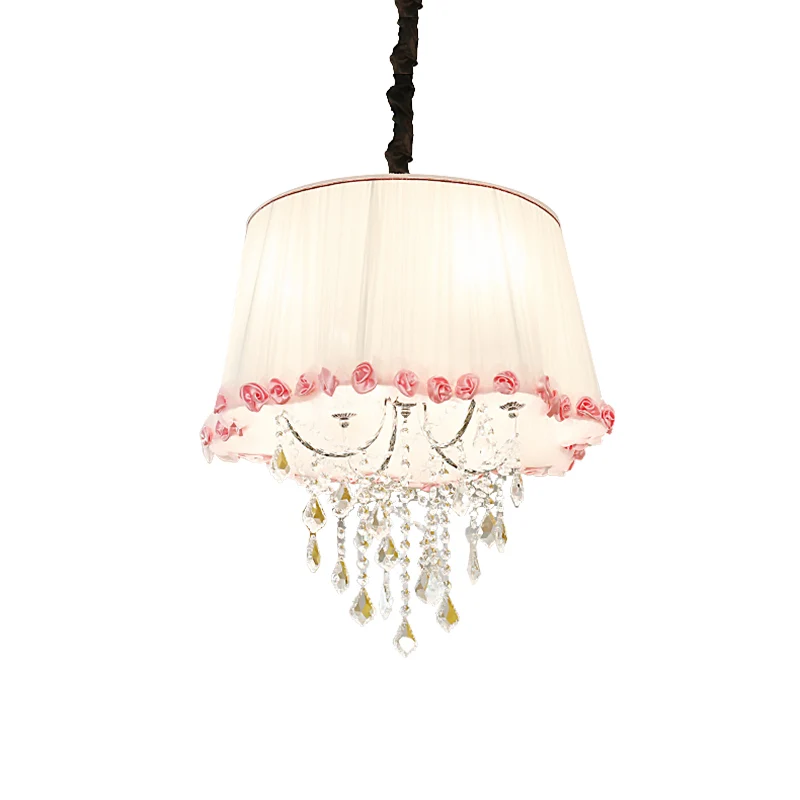 Lustre conique à 4 lumières, suspension moderne en tissu avec perle de cristal transparent en blanc et rose pour chambre à...
