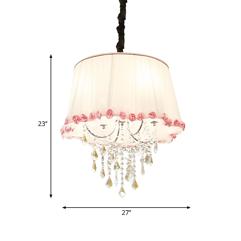 Lustre conique à 4 lumières, suspension moderne en tissu avec perle de cristal transparent en blanc et rose pour chambre à...