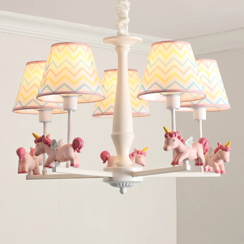 Lustre conique en tissu à motifs, suspension rose de dessin animé avec décor de licorne Clearhalo