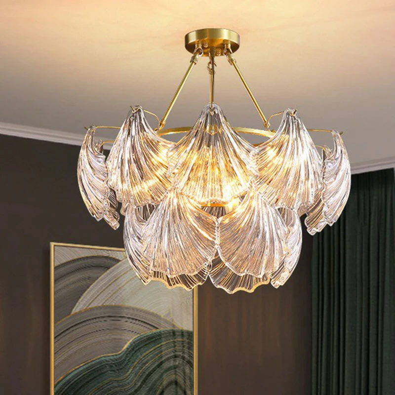 Lustre en coquille de laiton, luminaire suspendu en cristal nervuré simple pour salle à manger Clearhalo
