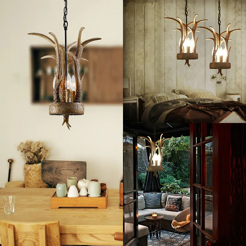 Lustre en corne de bois de cerf, style lodge, 3 lumières, éclairage suspendu en résine et bois Clearhalo
