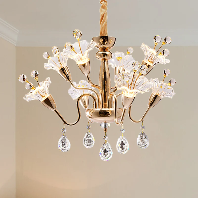 Lustre en cristal floral, éclairage traditionnel à 8 ampoules, luminaire suspendu doré avec bras incurvé Clearhalo