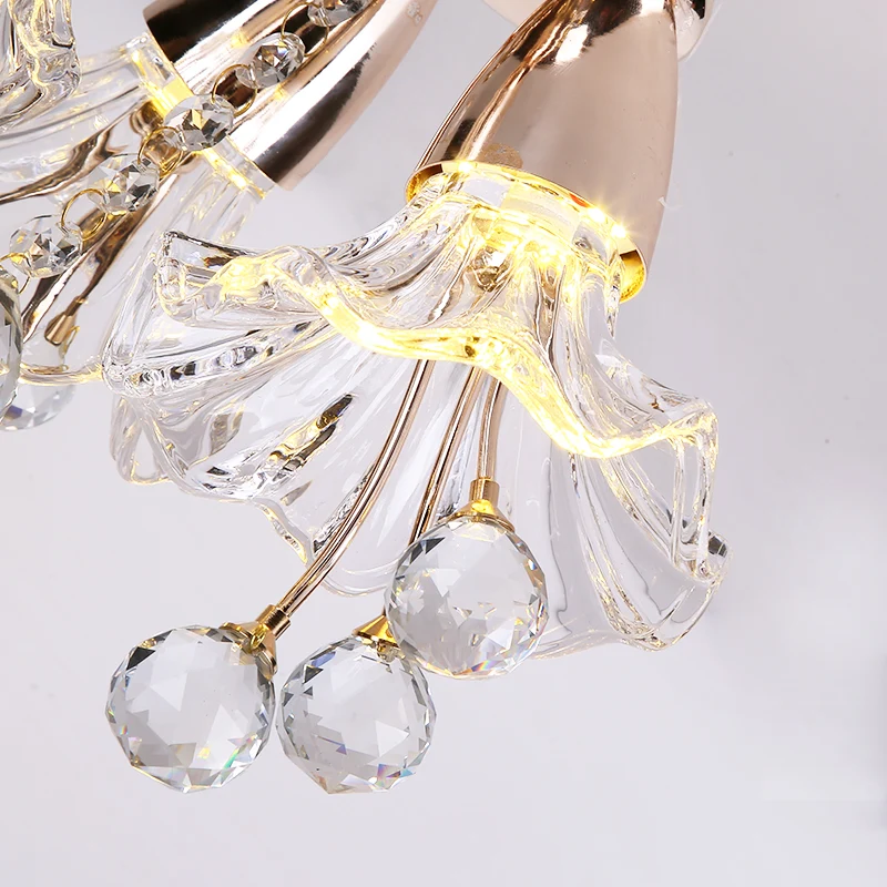 Lustre en cristal floral, éclairage traditionnel à 8 ampoules, luminaire suspendu doré avec bras incurvé Clearhalo