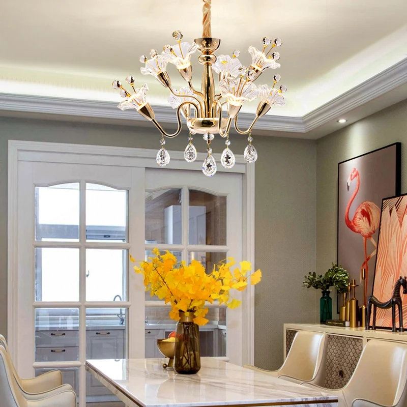 Lustre en cristal floral, éclairage traditionnel à 8 ampoules, luminaire suspendu doré avec bras incurvé Clearhalo