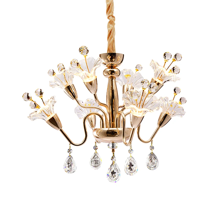 Lustre en cristal floral, éclairage traditionnel à 8 ampoules, luminaire suspendu doré avec bras incurvé Clearhalo