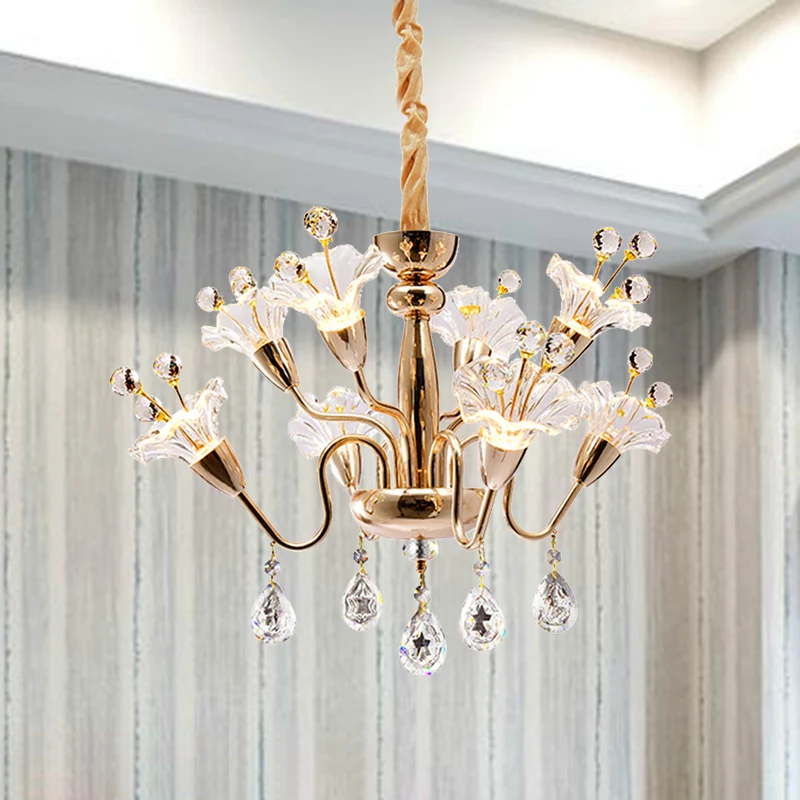 Lustre en cristal floral, éclairage traditionnel à 8 ampoules, luminaire suspendu doré avec bras incurvé Clearhalo