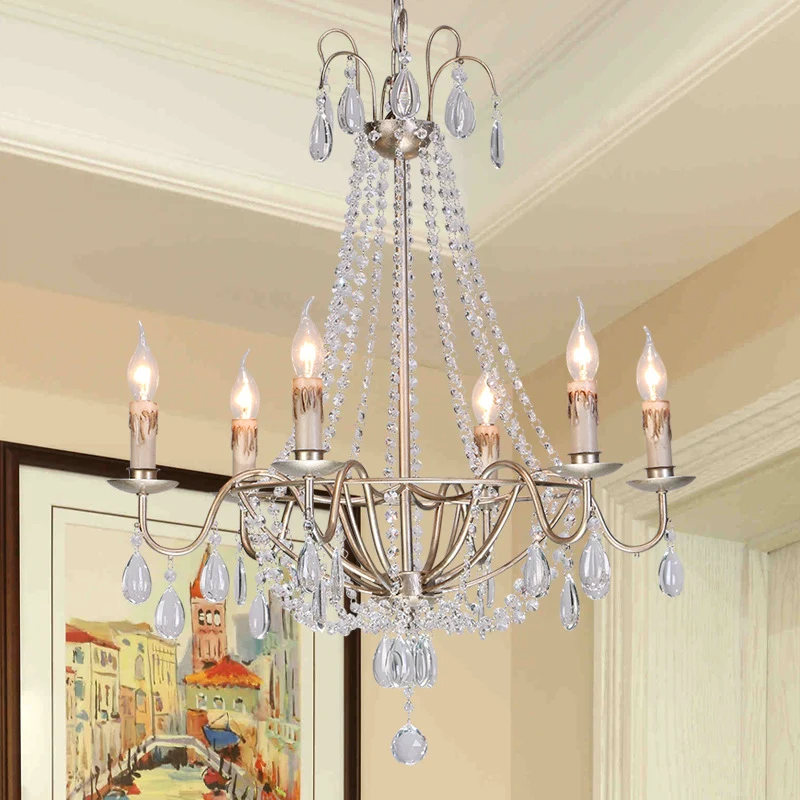 Lustre en cristal à 6 lumières, luminaire Simple, candélabre argenté, lampe à Suspension au plafond du salon Clearhalo
