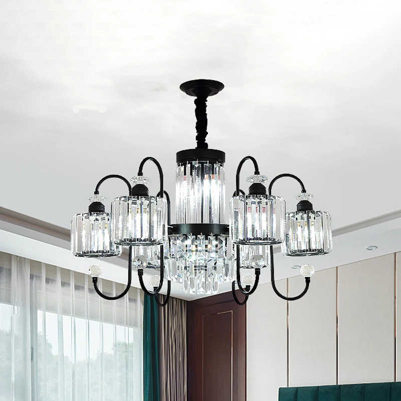 Lustre en cristal noir, éclairage cylindrique à 5/8 têtes, Suspension moderniste avec bras à col de cygne Clearhalo