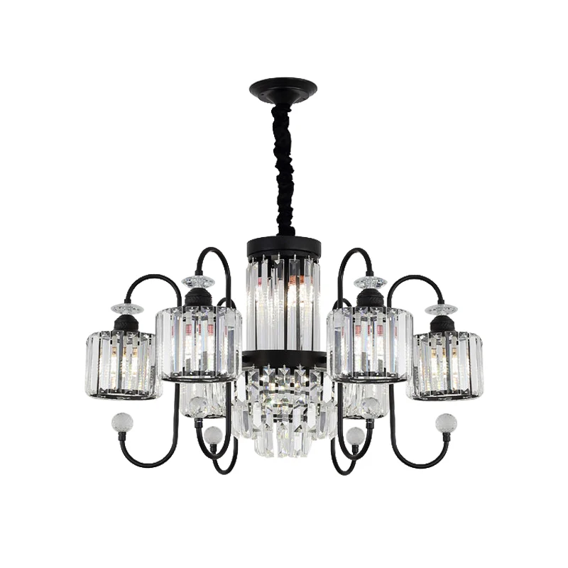 Lustre en cristal noir, éclairage cylindrique à 5/8 têtes, Suspension moderniste avec bras à col de cygne Clearhalo