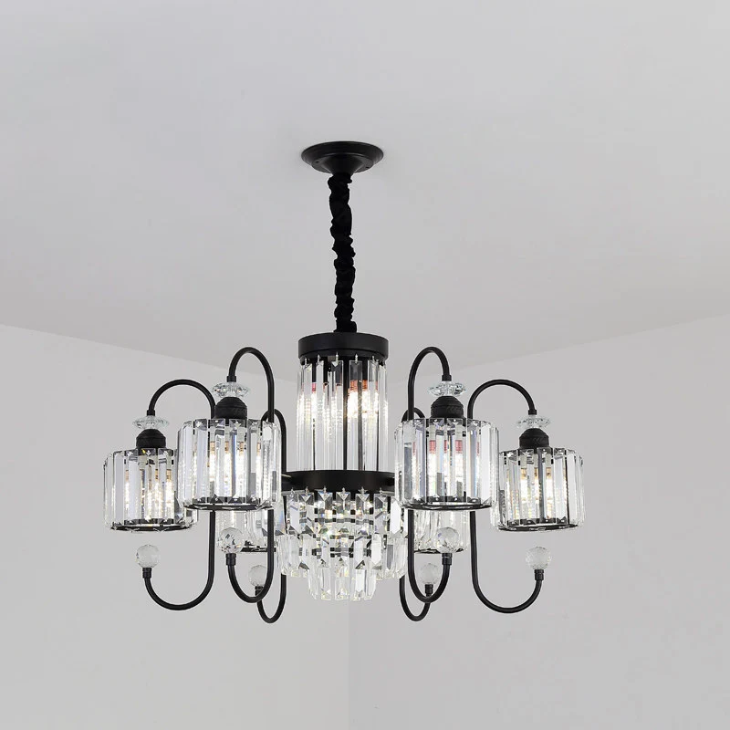 Lustre en cristal noir, éclairage cylindrique à 5/8 têtes, Suspension moderniste avec bras à col de cygne Clearhalo