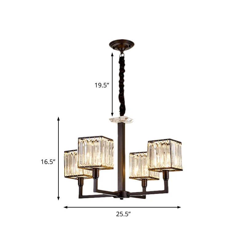 Lustre cubique moderne, luminaire suspendu en cristal rectangulaire, 4/6/8 lumières, pour chambre à coucher, avec tige noi...