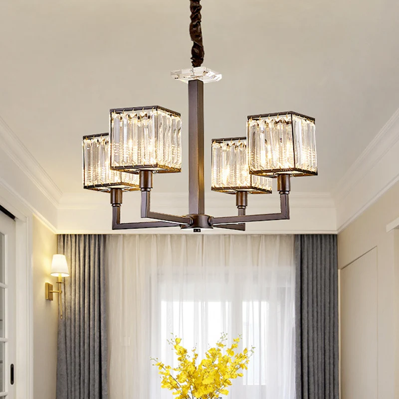 Lustre cubique moderne, luminaire suspendu en cristal rectangulaire, 4/6/8 lumières, pour chambre à coucher, avec tige noi...