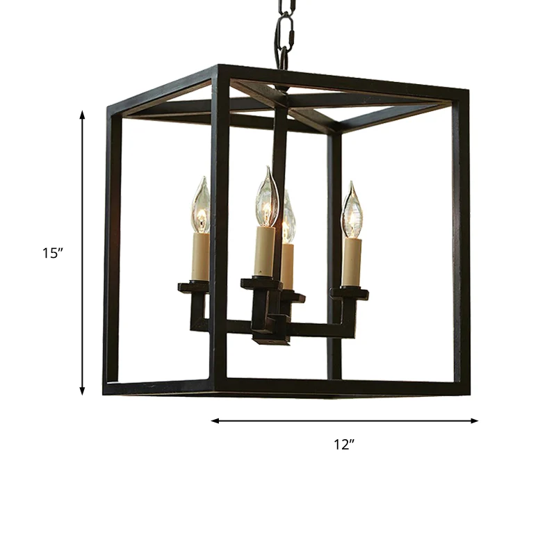 Lustre cubique Vintage avec abat-jour cage, 4 lumières, petite lampe suspendue en métal noir pour salle de bain Clearhalo