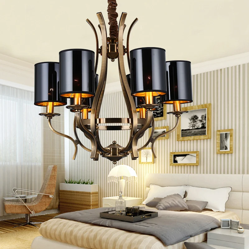 Lustre cylindrique à 6/8 lumières, plafonnier suspendu en tissu noir avec Vase en fer Clearhalo