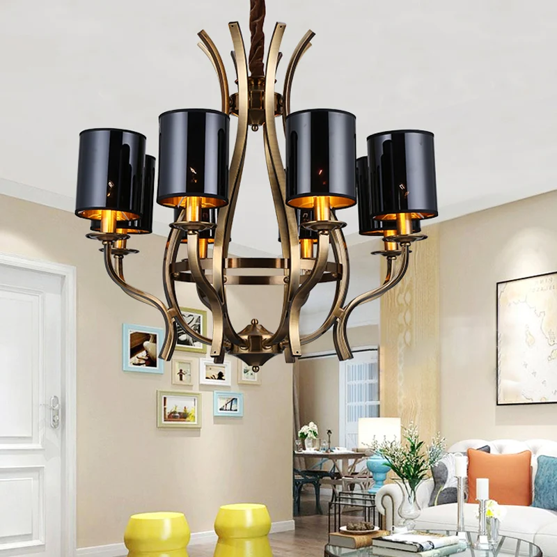Lustre cylindrique à 6/8 lumières, plafonnier suspendu en tissu noir avec Vase en fer Clearhalo