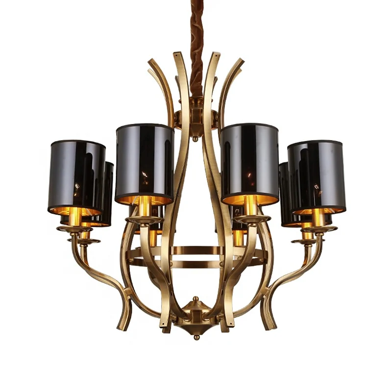 Lustre cylindrique à 6/8 lumières, plafonnier suspendu en tissu noir avec Vase en fer Clearhalo
