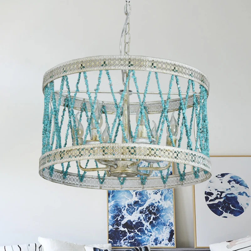 Lustre cylindrique en pierre rétro, 4/6 ampoules, luminaire suspendu bleu avec chaîne réglable Clearhalo