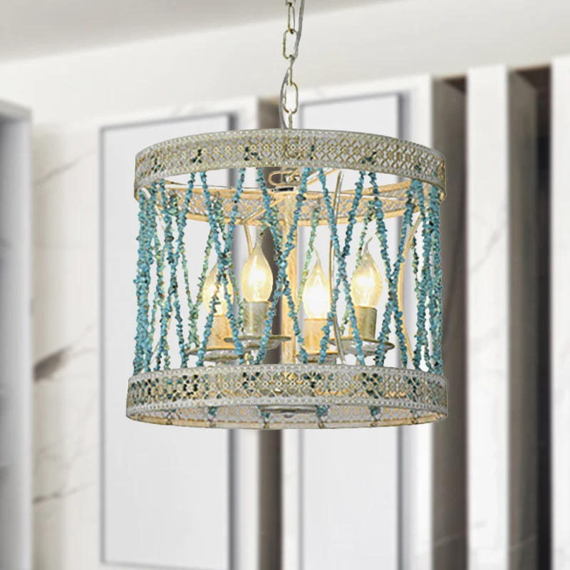 Lustre cylindrique en pierre rétro, 4/6 ampoules, luminaire suspendu bleu avec chaîne réglable Clearhalo