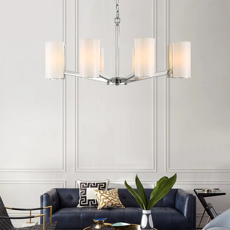 Lustre cylindrique en verre blanc, plafonnier contemporain argenté à 8 lumières avec chaîne réglable Clearhalo