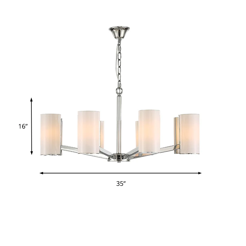 Lustre cylindrique en verre blanc, plafonnier contemporain argenté à 8 lumières avec chaîne réglable Clearhalo