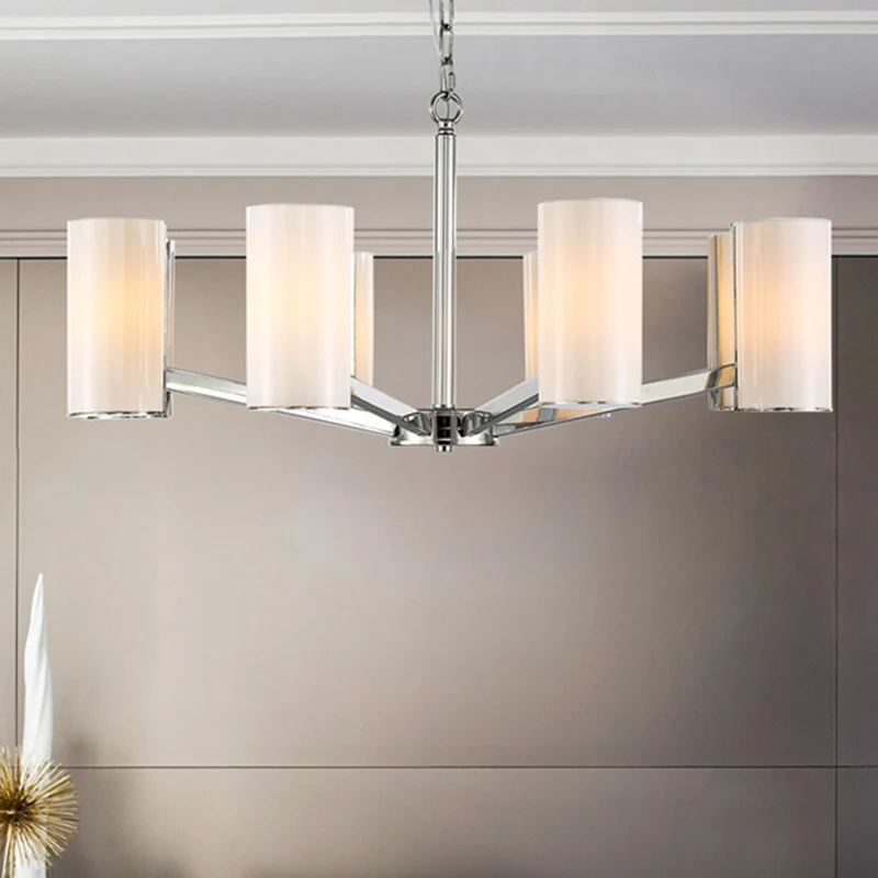 Lustre cylindrique en verre blanc, plafonnier contemporain argenté à 8 lumières avec chaîne réglable Clearhalo