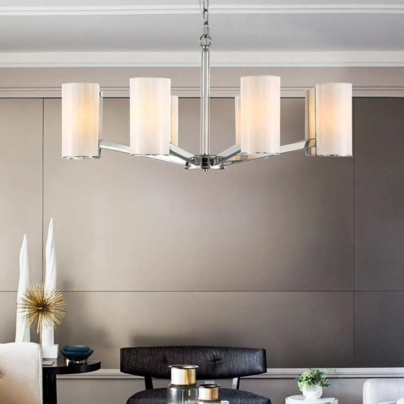 Lustre cylindrique en verre blanc, plafonnier contemporain argenté à 8 lumières avec chaîne réglable Clearhalo