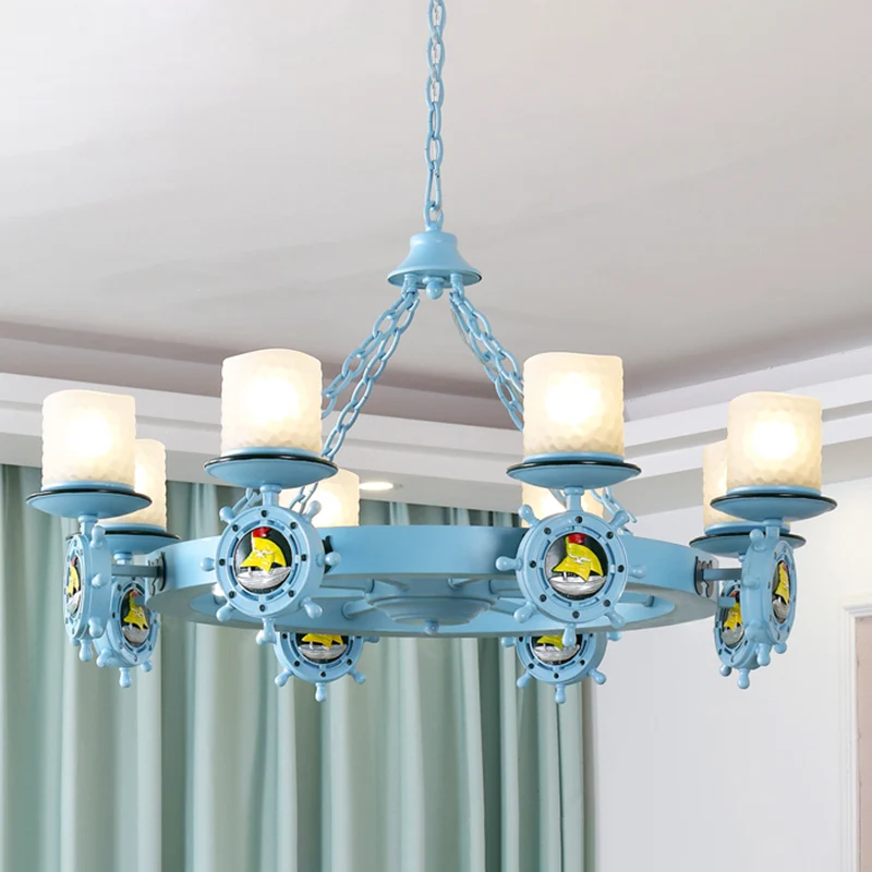 Lustre cylindrique en verre opale de dessin animé, luminaire suspendu pour chambre d'enfant avec décor de gouvernail en bl...