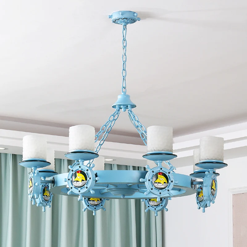Lustre cylindrique en verre opale de dessin animé, luminaire suspendu pour chambre d'enfant avec décor de gouvernail en bl...