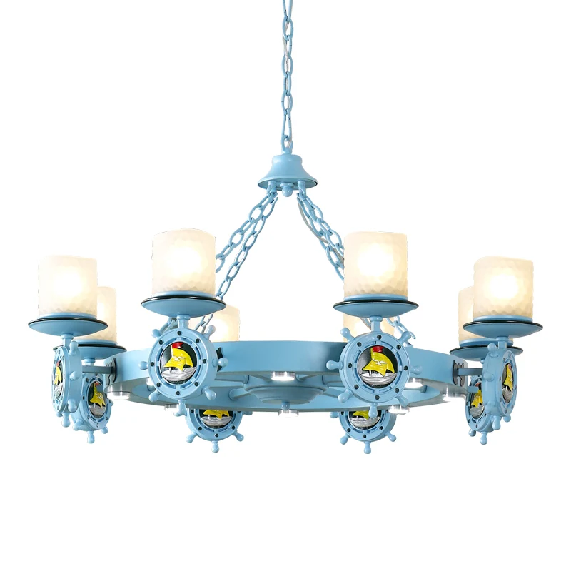 Lustre cylindrique en verre opale de dessin animé, luminaire suspendu pour chambre d'enfant avec décor de gouvernail en bl...