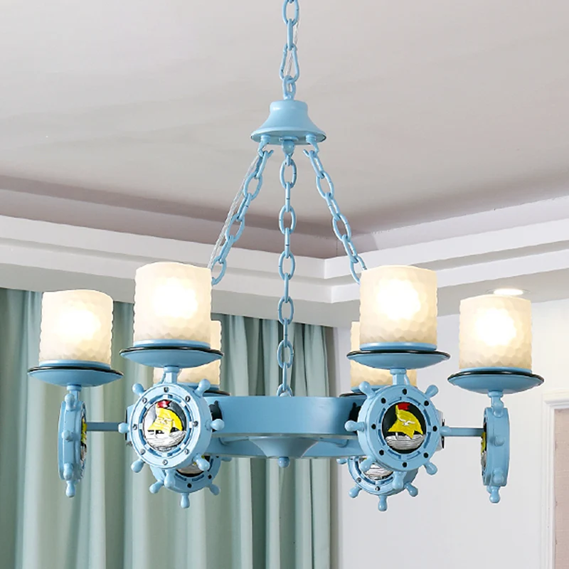Lustre cylindrique en verre opale de dessin animé, luminaire suspendu pour chambre d'enfant avec décor de gouvernail en bl...