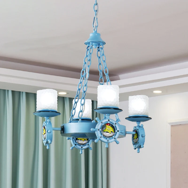 Lustre cylindrique en verre opale de dessin animé, luminaire suspendu pour chambre d'enfant avec décor de gouvernail en bl...
