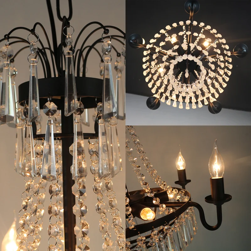 Lustre Empire en cristal à 5 lumières, ampoule exposée noire de campagne, éclairage suspendu pour salon Clearhalo