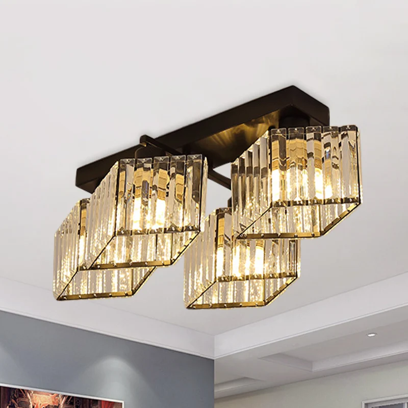 Lustre encastré noir à 4/5 ampoules, moderne, prisme en cristal, parallélogramme, éclairage semi-monté Clearhalo