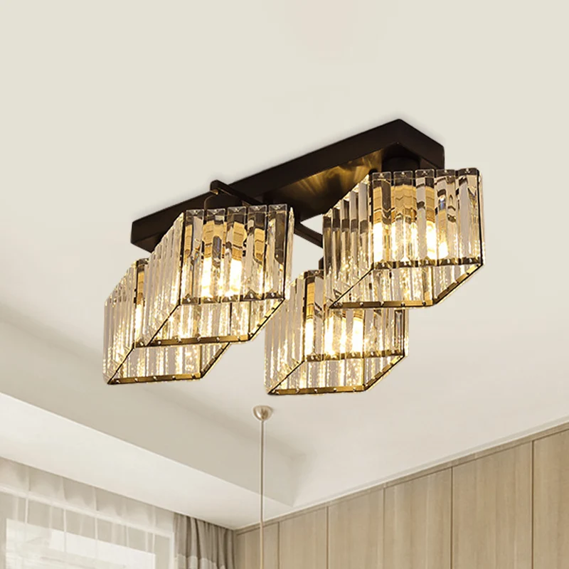 Lustre encastré noir à 4/5 ampoules, moderne, prisme en cristal, parallélogramme, éclairage semi-monté Clearhalo
