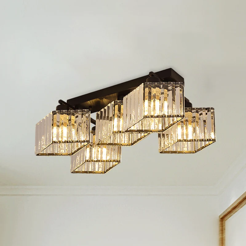 Lustre encastré noir à 4/5 ampoules, moderne, prisme en cristal, parallélogramme, éclairage semi-monté Clearhalo