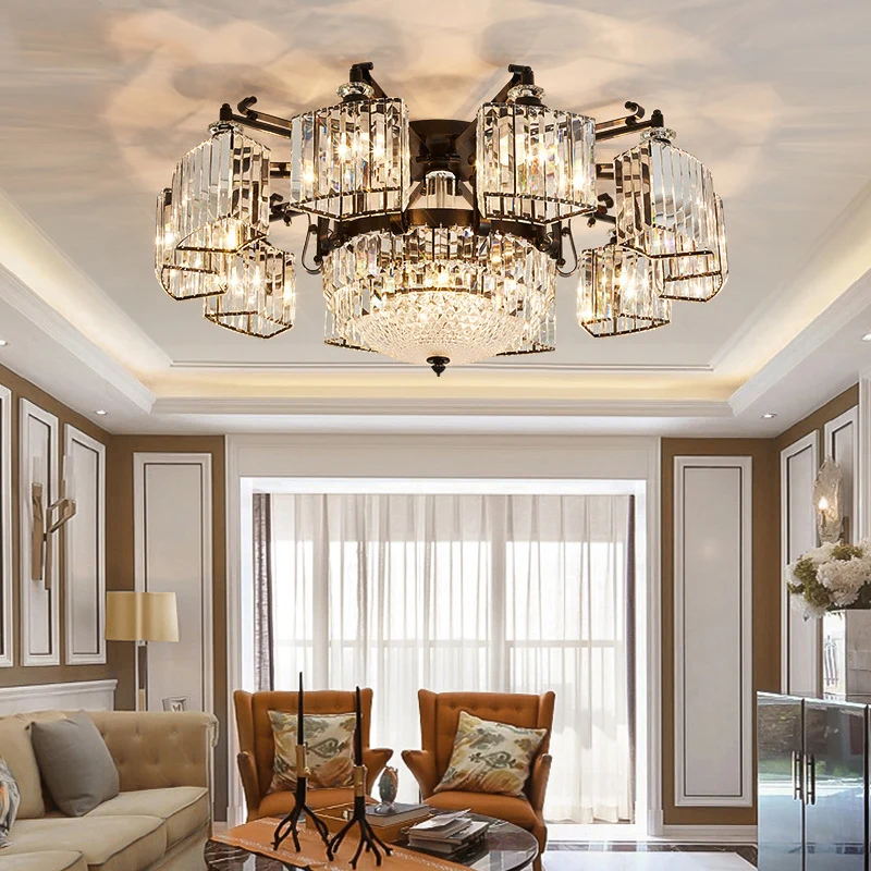 Lustre encastré radial en cristal transparent, luminaire semi-encastré traditionnel pour salon, noir Clearhalo