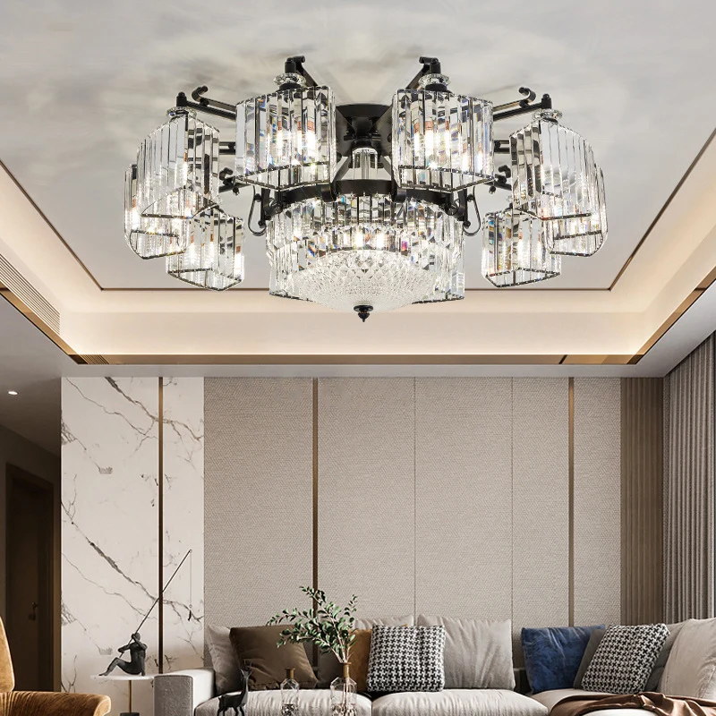 Lustre encastré radial en cristal transparent, luminaire semi-encastré traditionnel pour salon, noir Clearhalo